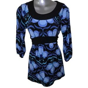 New Directions Blue Black Floral Blouse Scoop Neck Long Sleeve Stretch Top Small